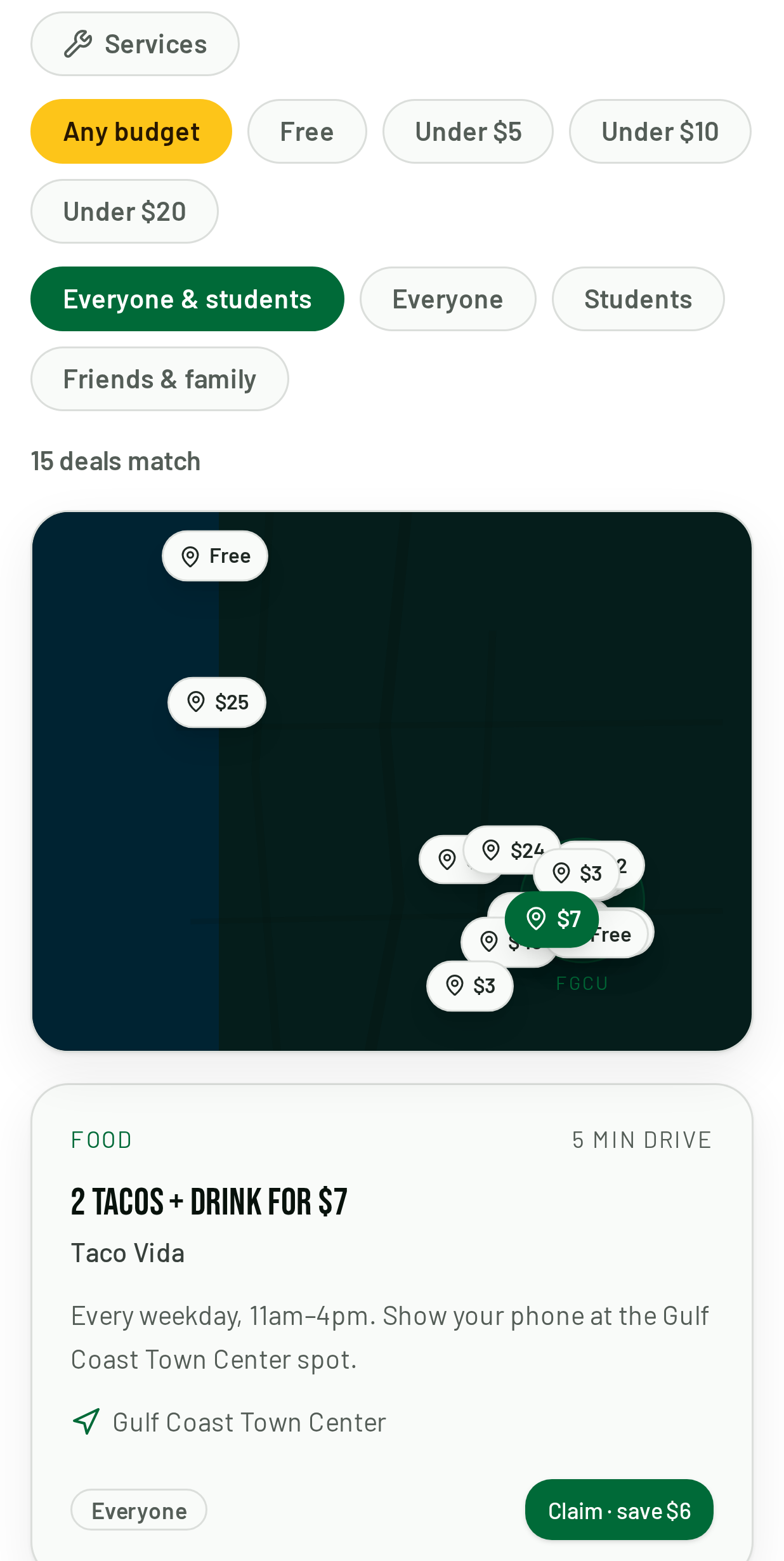 Map view of deals around FGCU