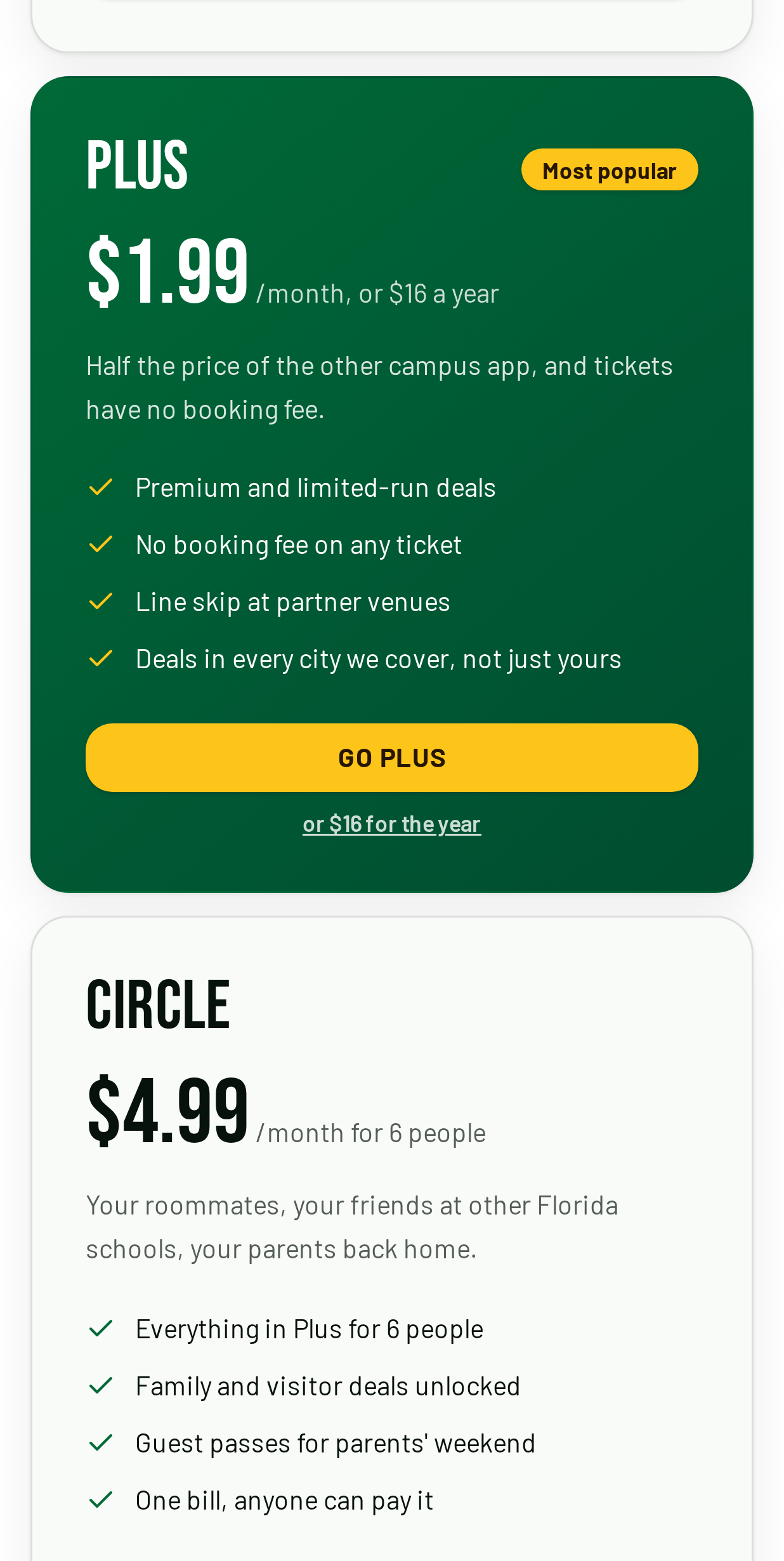 Free, Plus and Circle plans